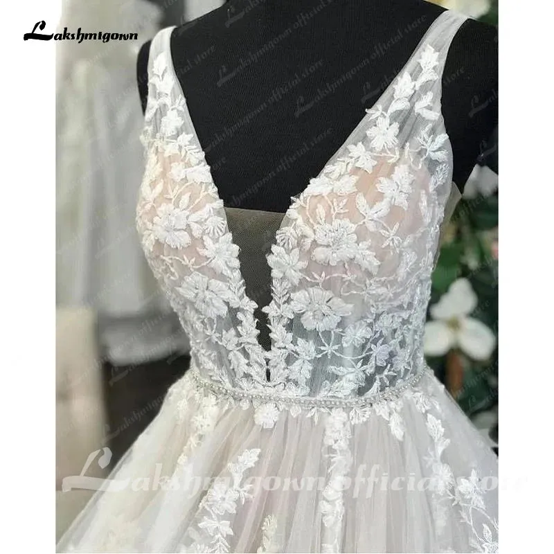 Modern Blush Pink Wedding Gowns Lace Tulle Appliques Beading V-Neck Sleeveless Floor-Length A-Line Custom Made Bridal Dresses