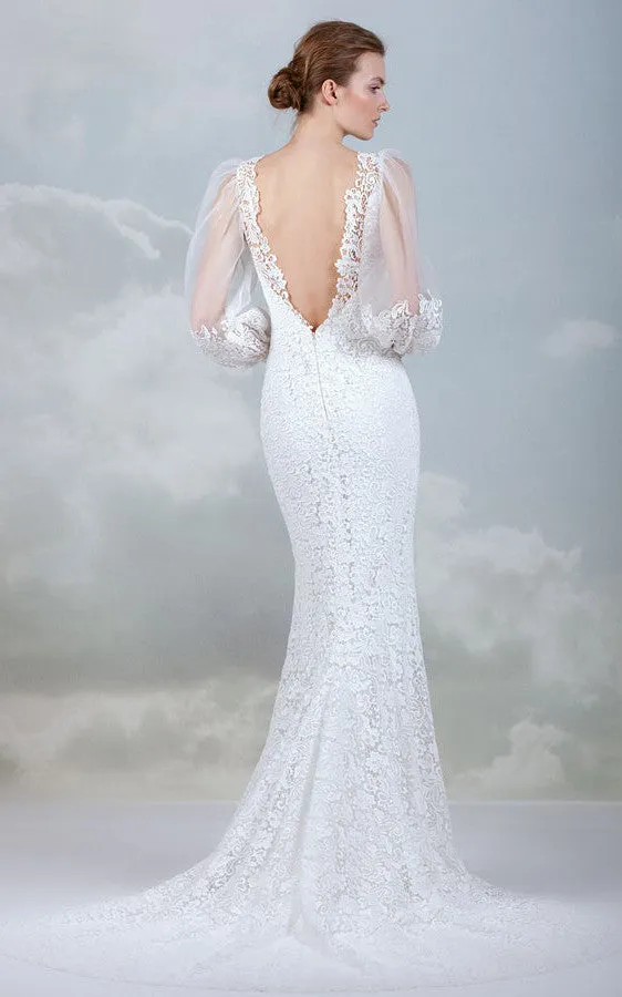 Modern Lace Bateau Long Sleeve Wedding Dress With Low-V Back-716168