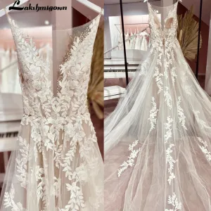 Modern New V-Neck Tulle Wedding Dress A-Line Backless Sleeveless Bridal Gown For Women Vestido De Novia Lakshmigown