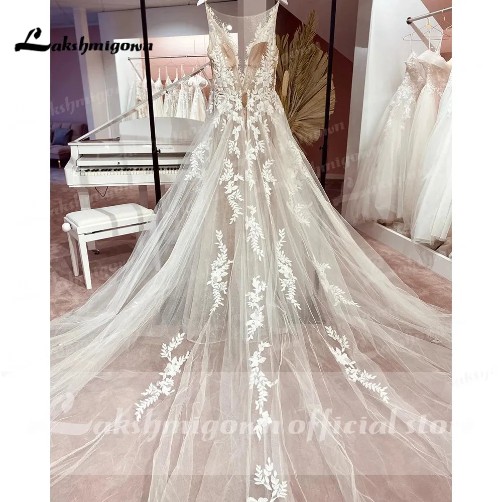 Modern New V-Neck Tulle Wedding Dress A-Line Backless Sleeveless Bridal Gown For Women Vestido De Novia Lakshmigown