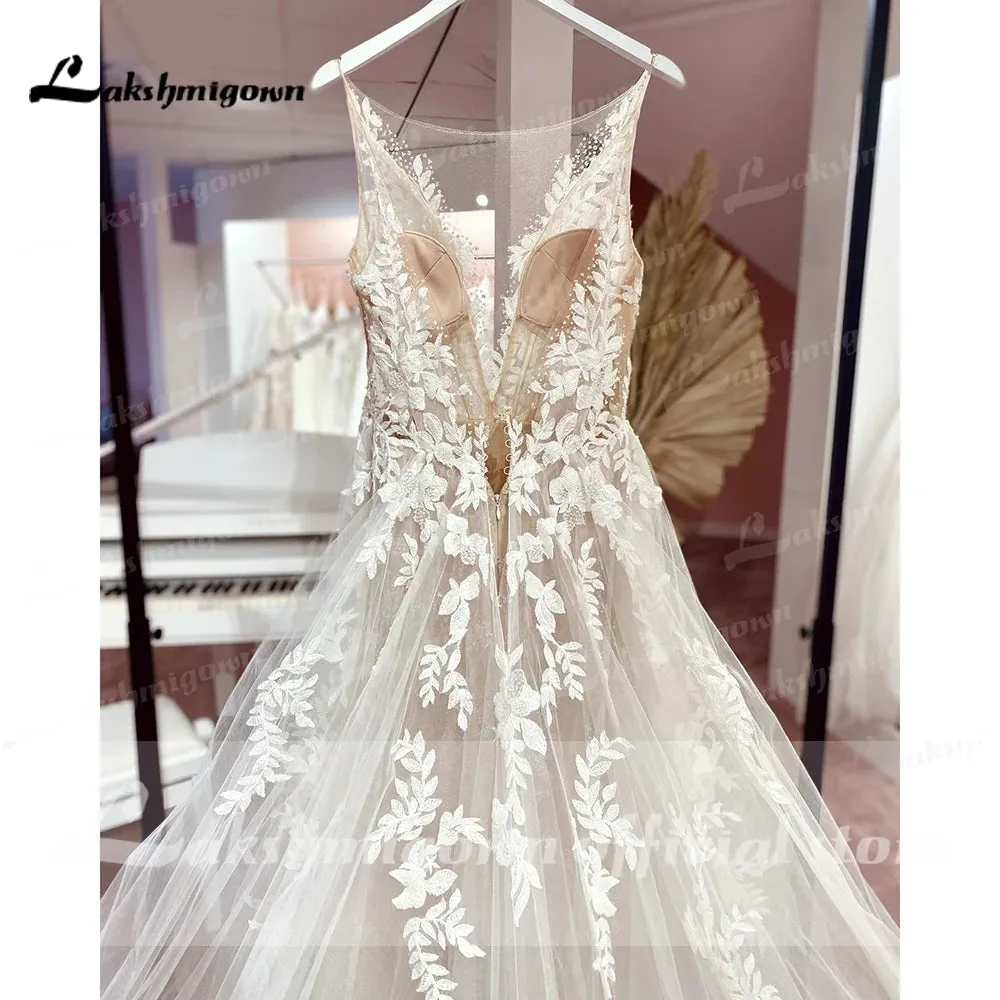 Modern New V-Neck Tulle Wedding Dress A-Line Backless Sleeveless Bridal Gown For Women Vestido De Novia Lakshmigown