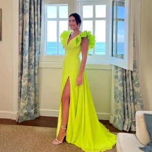 Modern Ruffles Sleeve Evening Dresses V Neck Side Split Satin Special Dress Prom Gown     fg5614