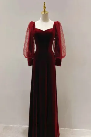 Modest Long Sleeve Deep Red Velvet Evening Dress