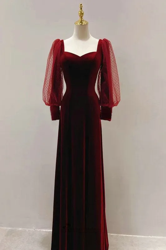 Modest Long Sleeve Deep Red Velvet Evening Dress