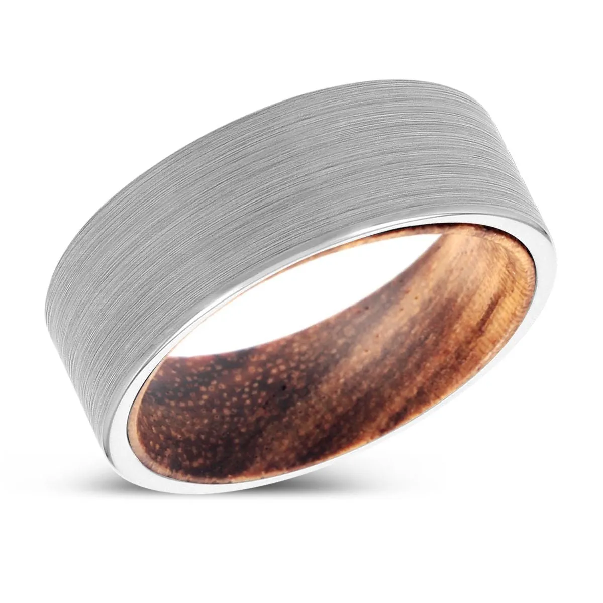 MONTOYA | Zebra Wood, White Tungsten Ring, Brushed, Flat