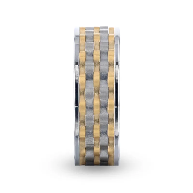 MONTROSE Wavy Gold And Gunmetal Texture Pattern Inlaid Titanium Men's Wedding Band With Flat Polished Profile