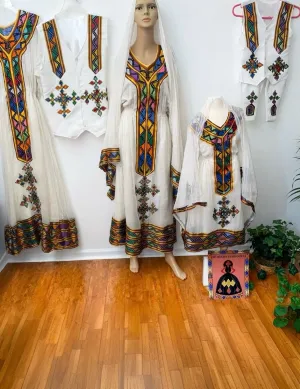 Multi-Colored Ethiopian Dress, Family Matching Set Zuria Habesha Kemis Perfect for Habesha Wedding and special Events