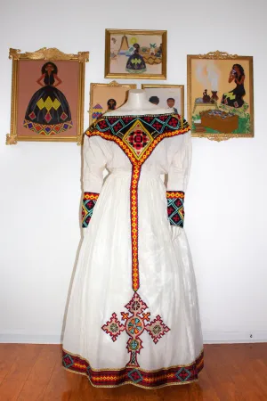 Multi-Colored Ethiopian Dress, Unique Off-Shoulder Zuria Habesha Kemis, Perfect Gift Idea for Habesha Women