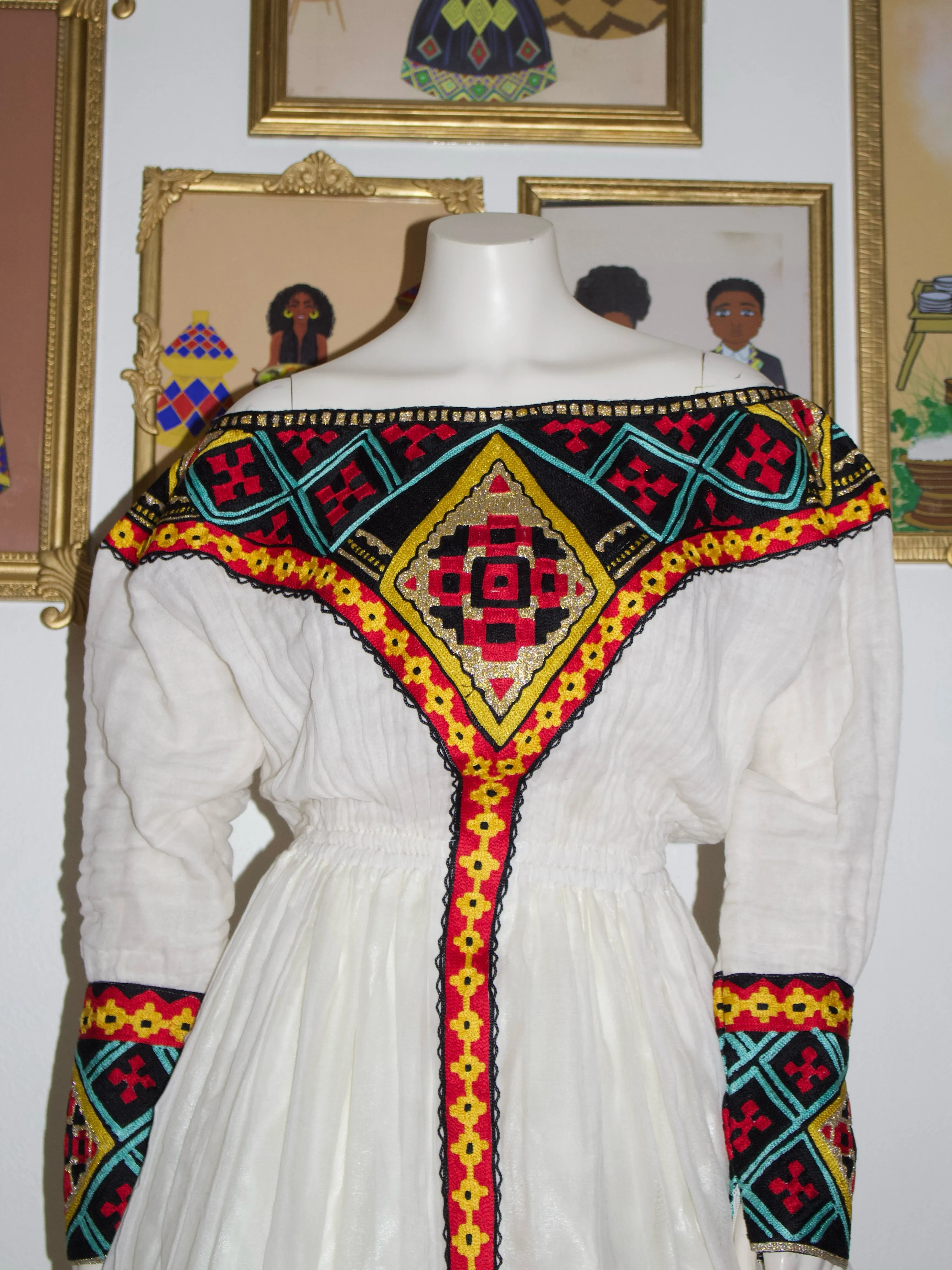 Multi-Colored Ethiopian Dress, Unique Off-Shoulder Zuria Habesha Kemis, Perfect Gift Idea for Habesha Women
