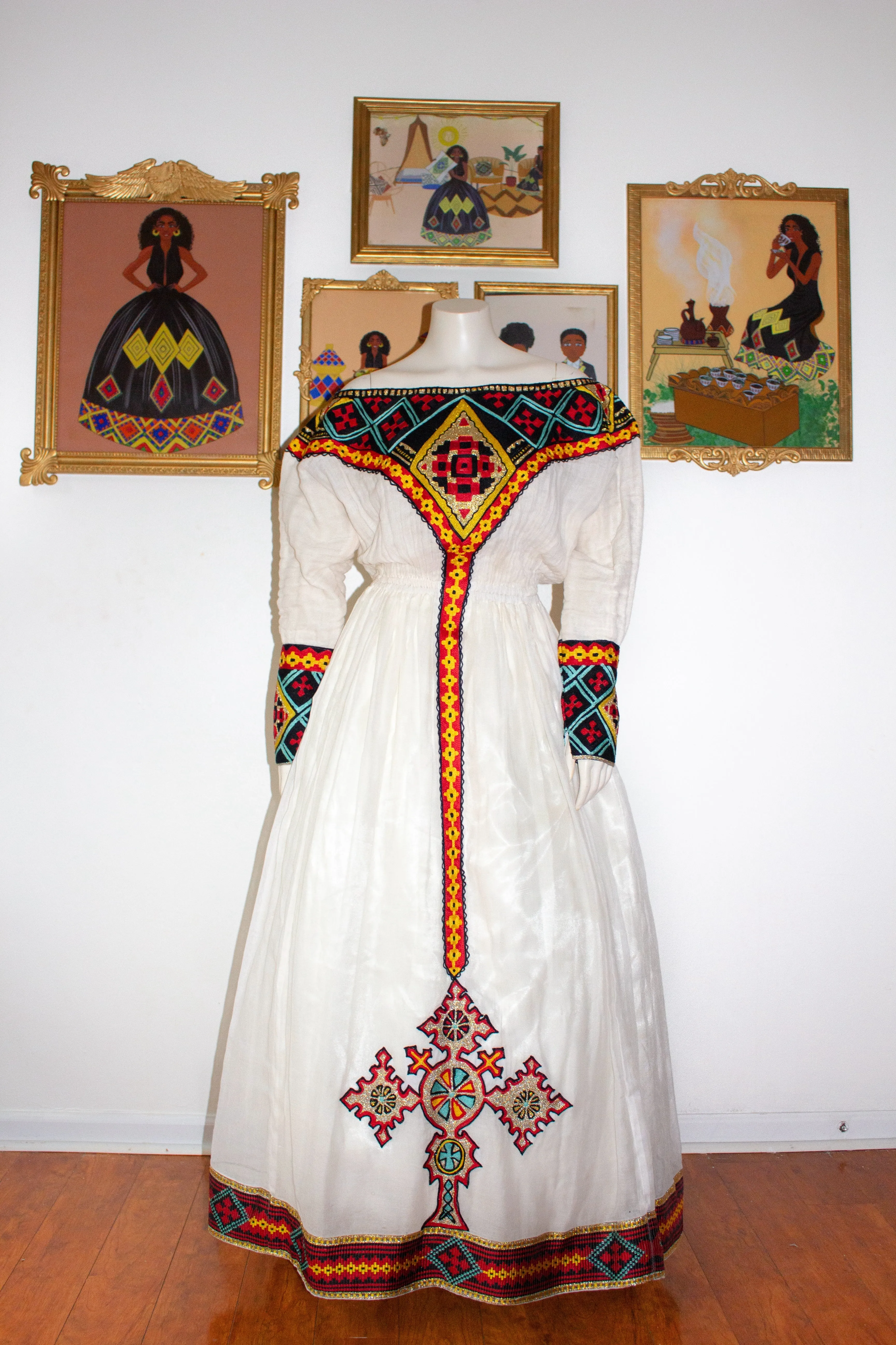 Multi-Colored Ethiopian Dress, Unique Off-Shoulder Zuria Habesha Kemis, Perfect Gift Idea for Habesha Women