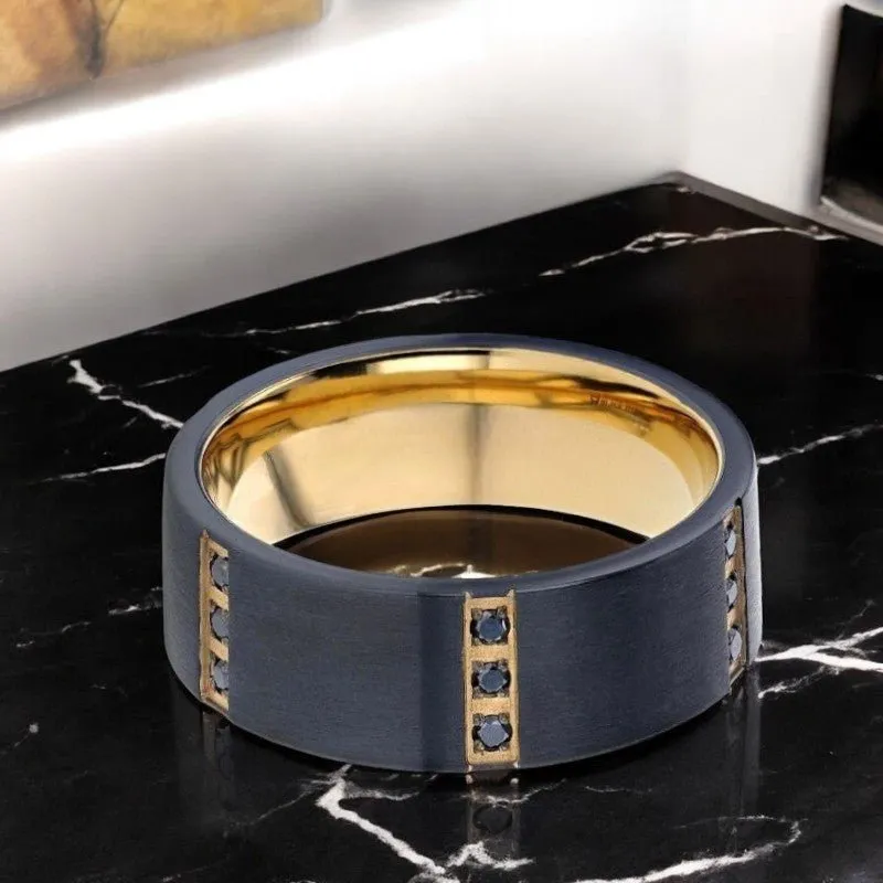 MURAMASA | Black Titanium Ring, Triple Black Diamond Setting, Flat