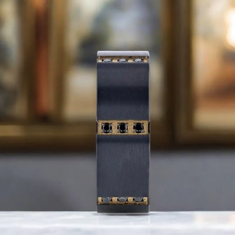 MURAMASA | Black Titanium Ring, Triple Black Diamond Setting, Flat