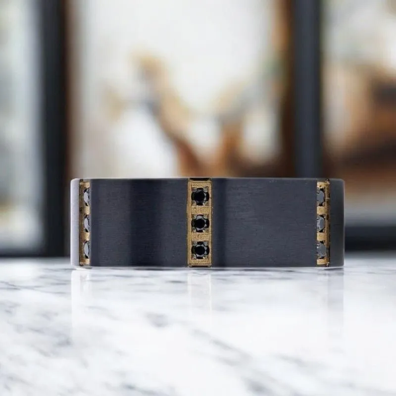MURAMASA | Black Titanium Ring, Triple Black Diamond Setting, Flat