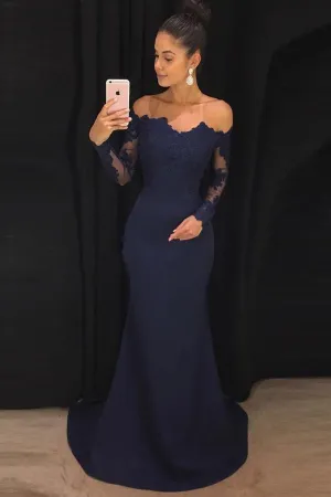 Navy Off the Shoulder Long Sleeves Mermaid Long Prom Dresses Party Dresses, MP305