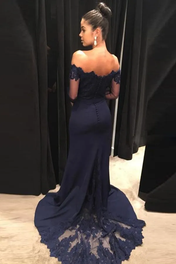 Navy Off the Shoulder Long Sleeves Mermaid Long Prom Dresses Party Dresses, MP305