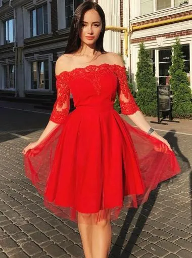New Arrival Modern Off-shoulder White Lace Long sleeves Homecoming Dress, HD0406