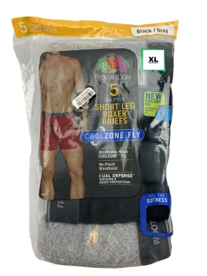New in package! Fruit of the Loom Men's CoolZone Fly Black and Grey Short Leg Boxer Briefs, 5 Pack, Sz XL! 40-42"