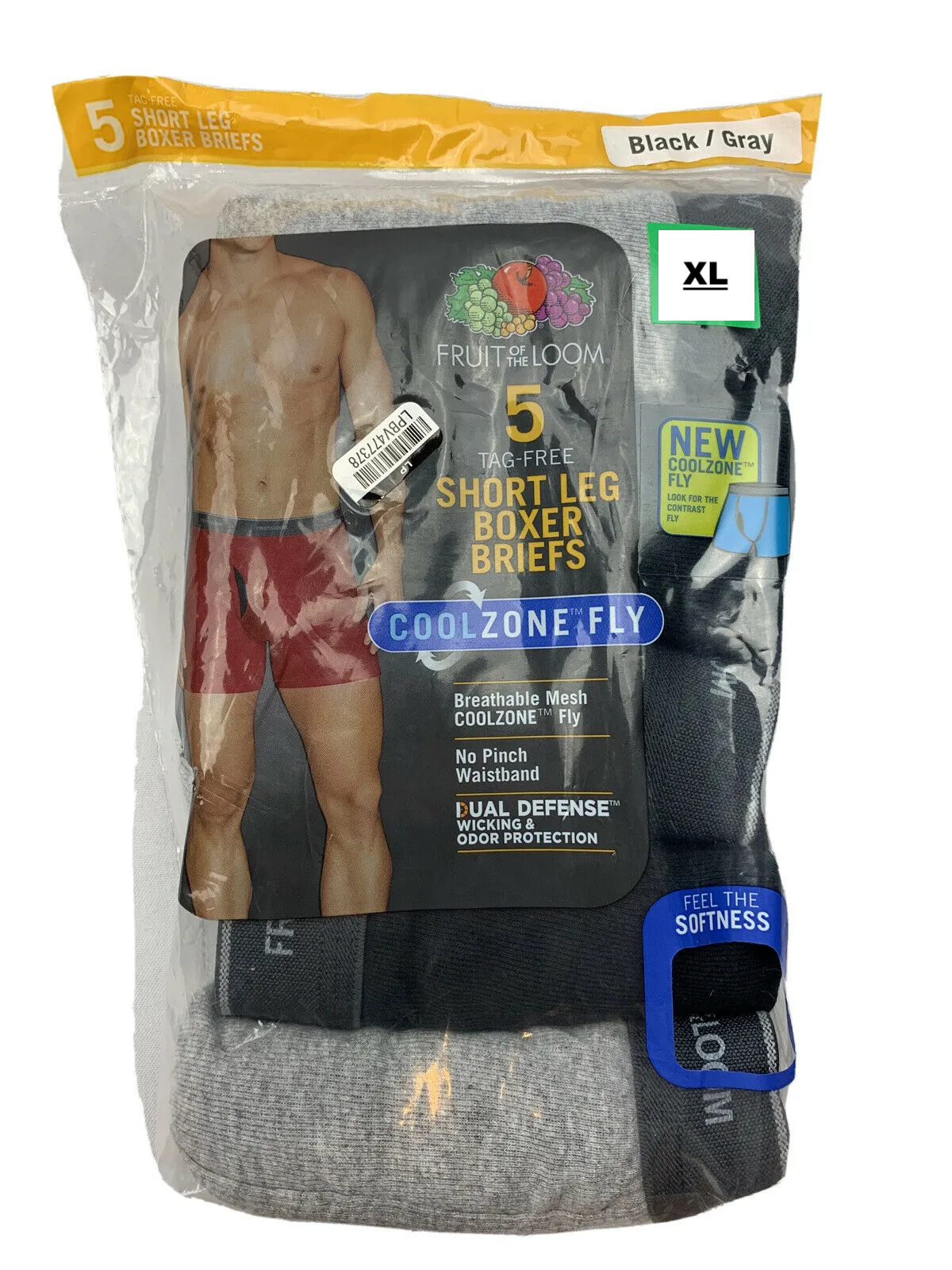 New in package! Fruit of the Loom Men's CoolZone Fly Black and Grey Short Leg Boxer Briefs, 5 Pack, Sz XL! 40-42"