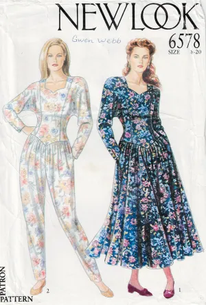 New Look 6578 Womens Drop Waisted Dress & Jumpsuit 1980s Vintage Sewing Pattern Size 8 - 18 UNCUT Factory Folded