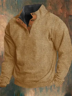 NEW Retails $48 Men's Western Khaki Vintage Herringbone Print Design Stand Collar Button-Down Sweatshirt XL/XXL