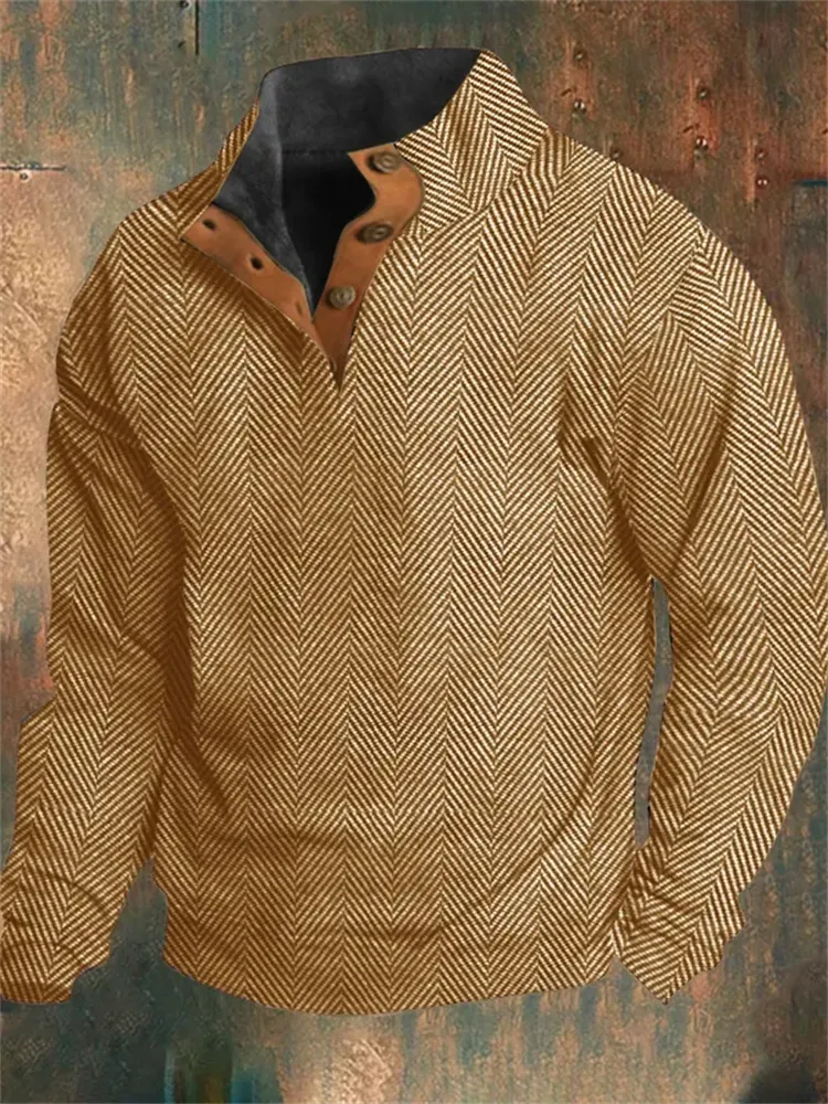 NEW Retails $48 Men's Western Khaki Vintage Herringbone Print Design Stand Collar Button-Down Sweatshirt XL/XXL