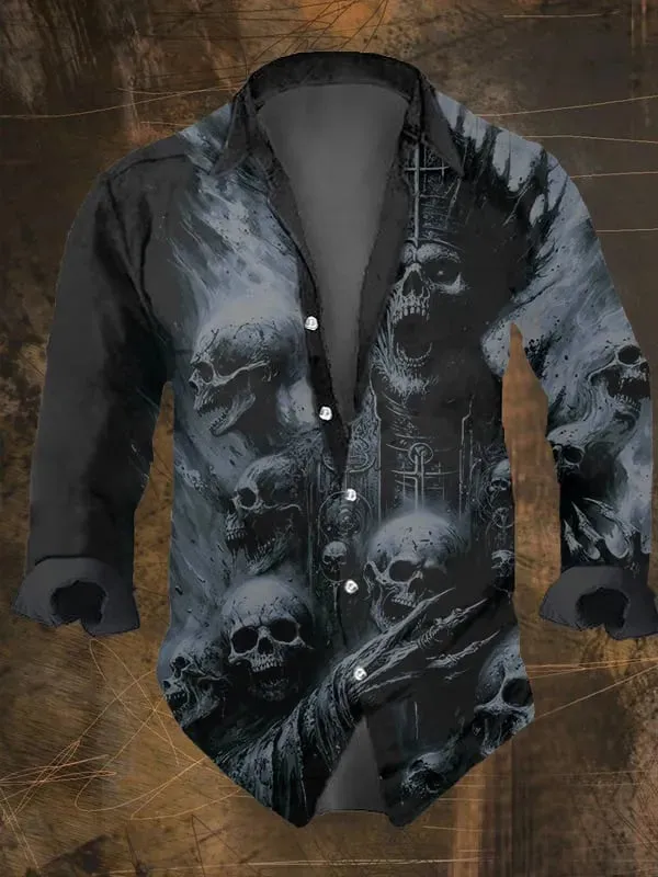NEW Retails $67, Men's Vintage Dark Skull Print Long Sleeve Shirt, Sz M