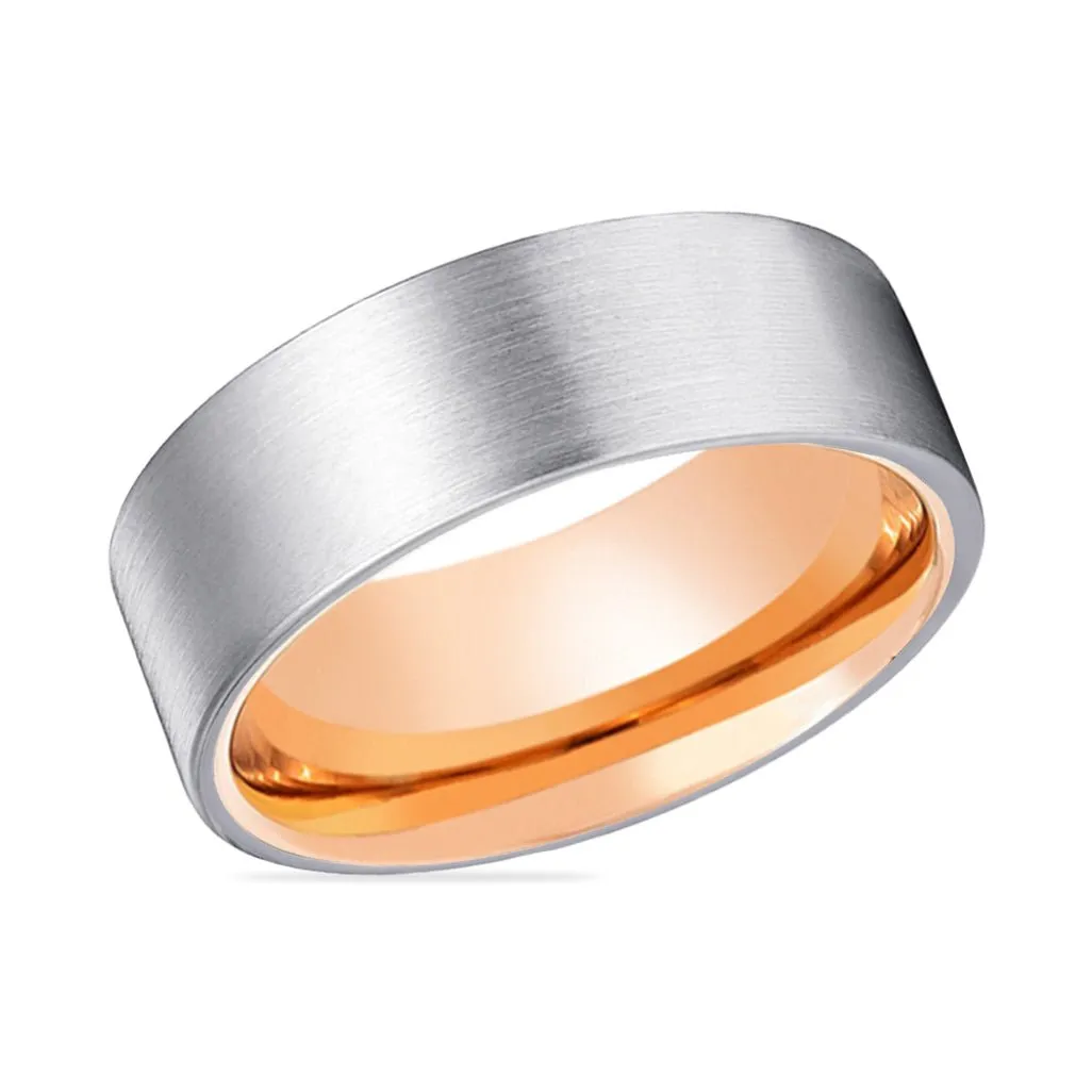 NORSK | Rose Gold Ring, Silver Tungsten Ring, Brushed, Flat