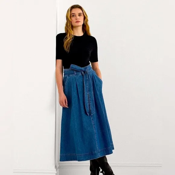 NWT Lauren Ralph Lauren Blue Denim Midi Skirt
