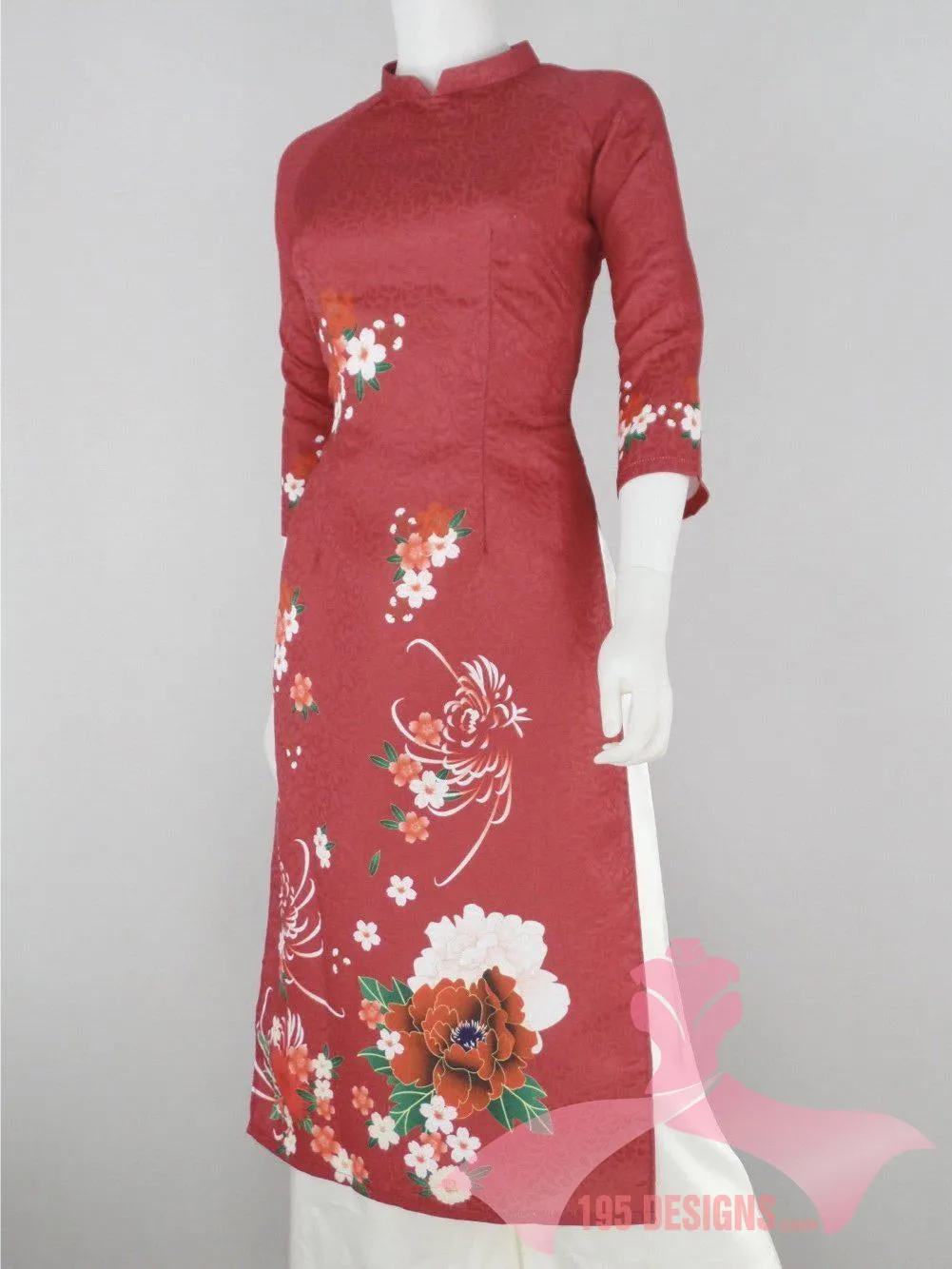 Áo Dài 3d dân gian đỏ hoa Xuân | Red Flower Modern Vietnamese Ao Dai