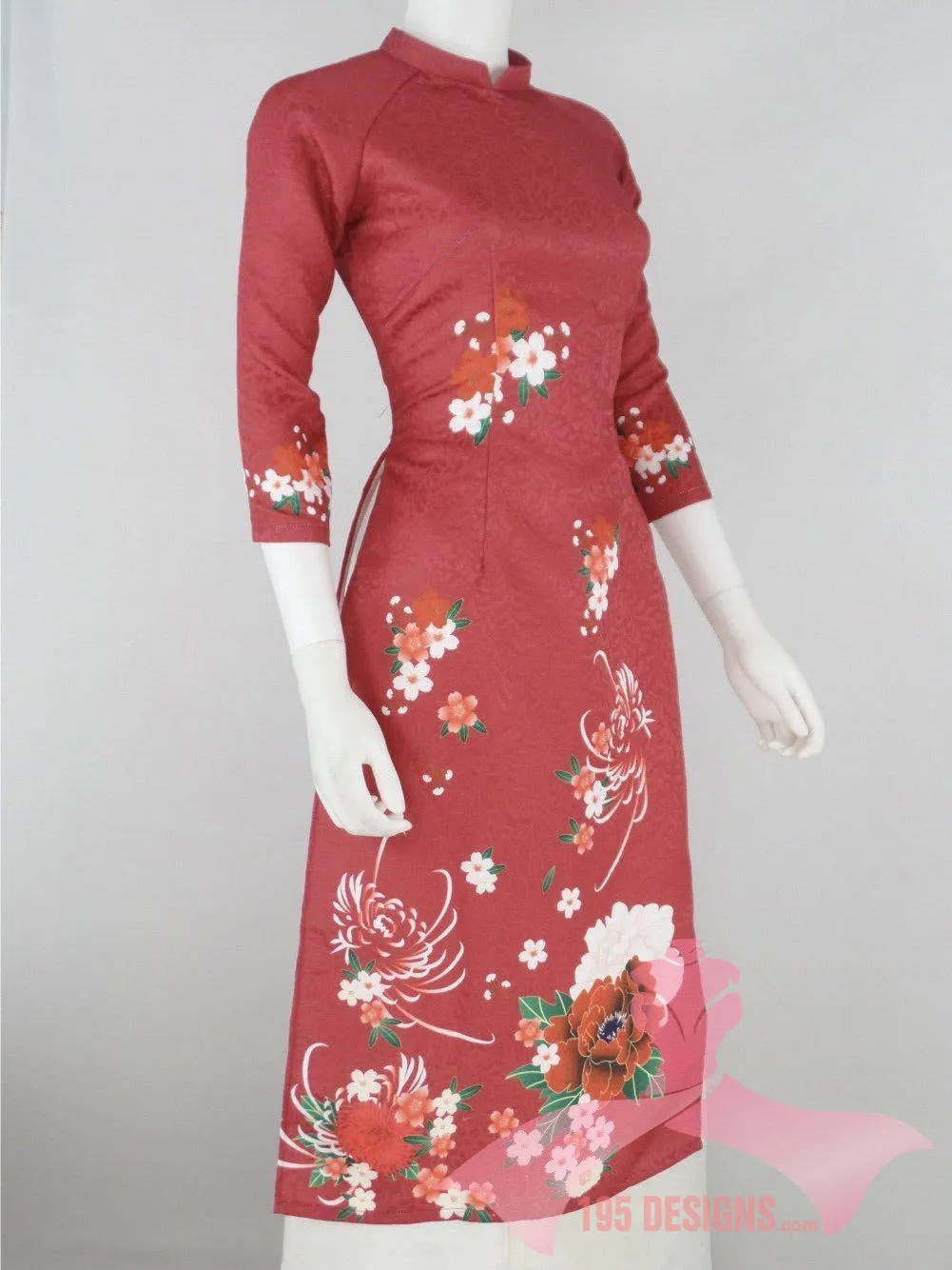 Áo Dài 3d dân gian đỏ hoa Xuân | Red Flower Modern Vietnamese Ao Dai