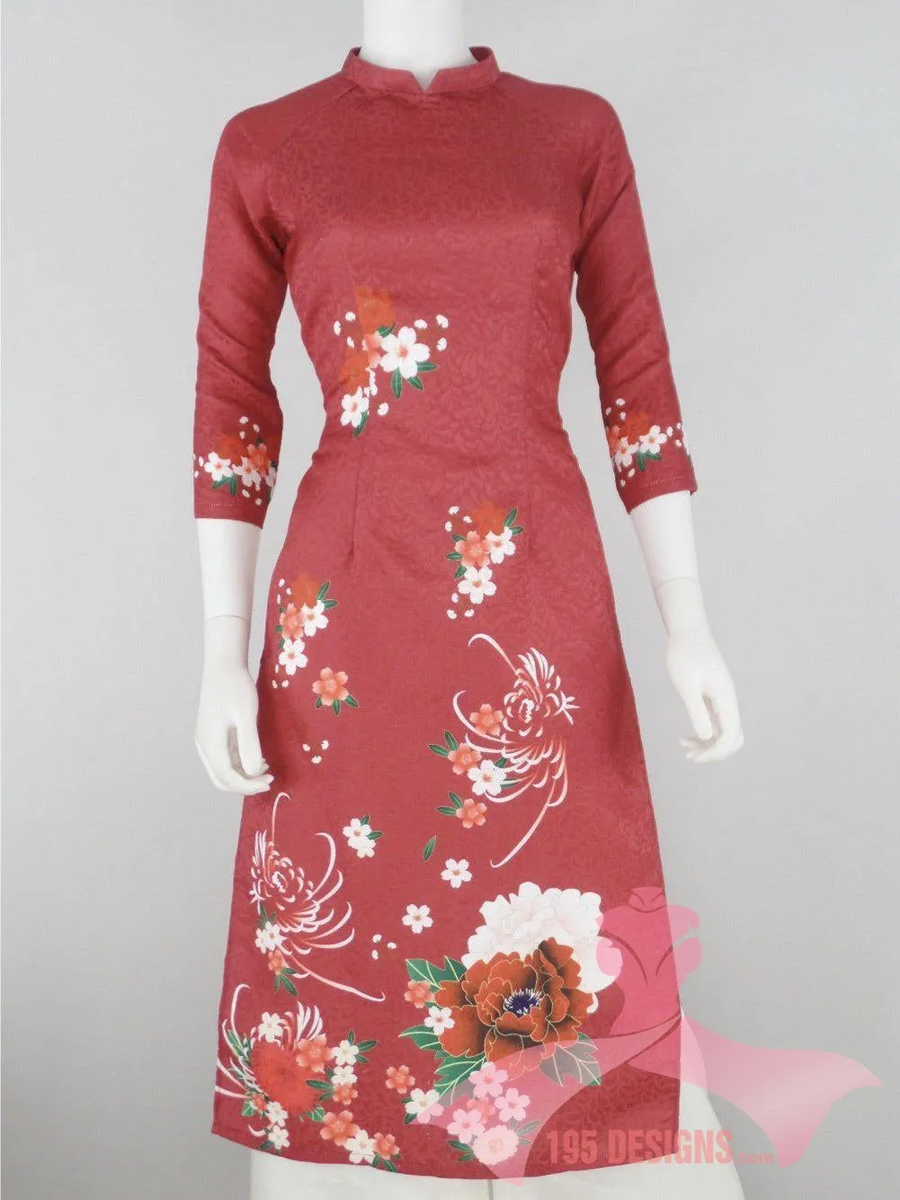 Áo Dài 3d dân gian đỏ hoa Xuân | Red Flower Modern Vietnamese Ao Dai