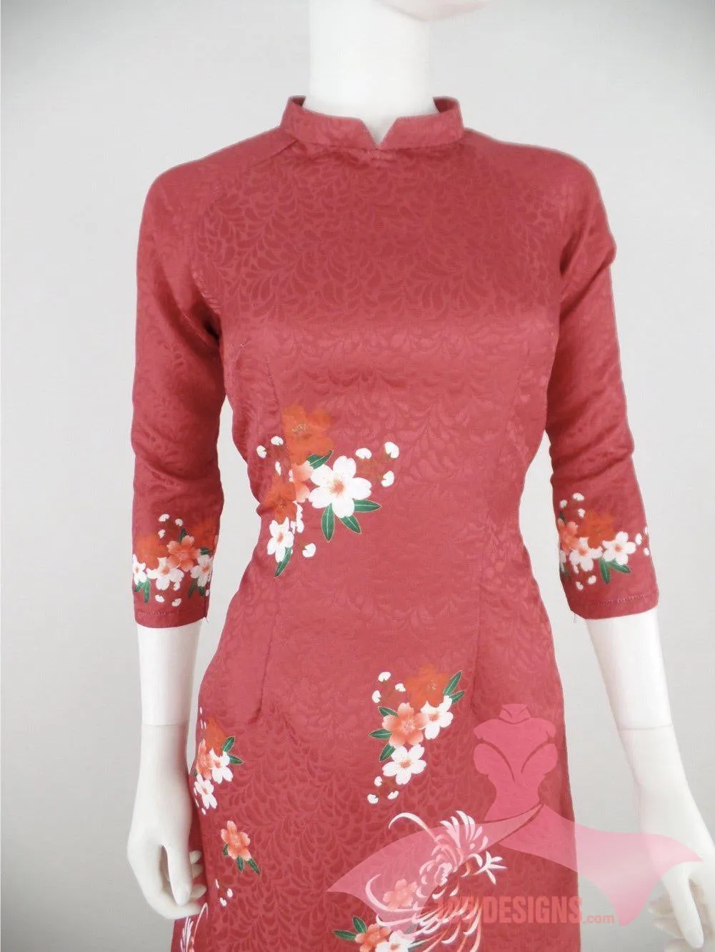 Áo Dài 3d dân gian đỏ hoa Xuân | Red Flower Modern Vietnamese Ao Dai