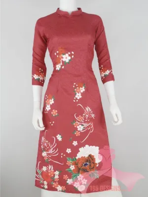 Áo Dài 3d dân gian đỏ hoa Xuân | Red Flower Modern Vietnamese Ao Dai
