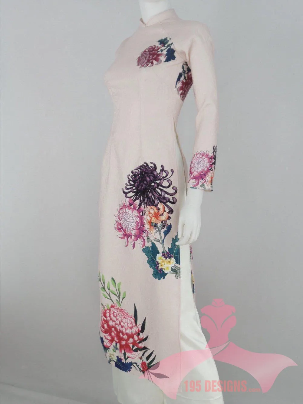 Áo Dài 3d dân gian màu da hoa Xuân | Ivory Flower Modern Vietnamese Ao Dai