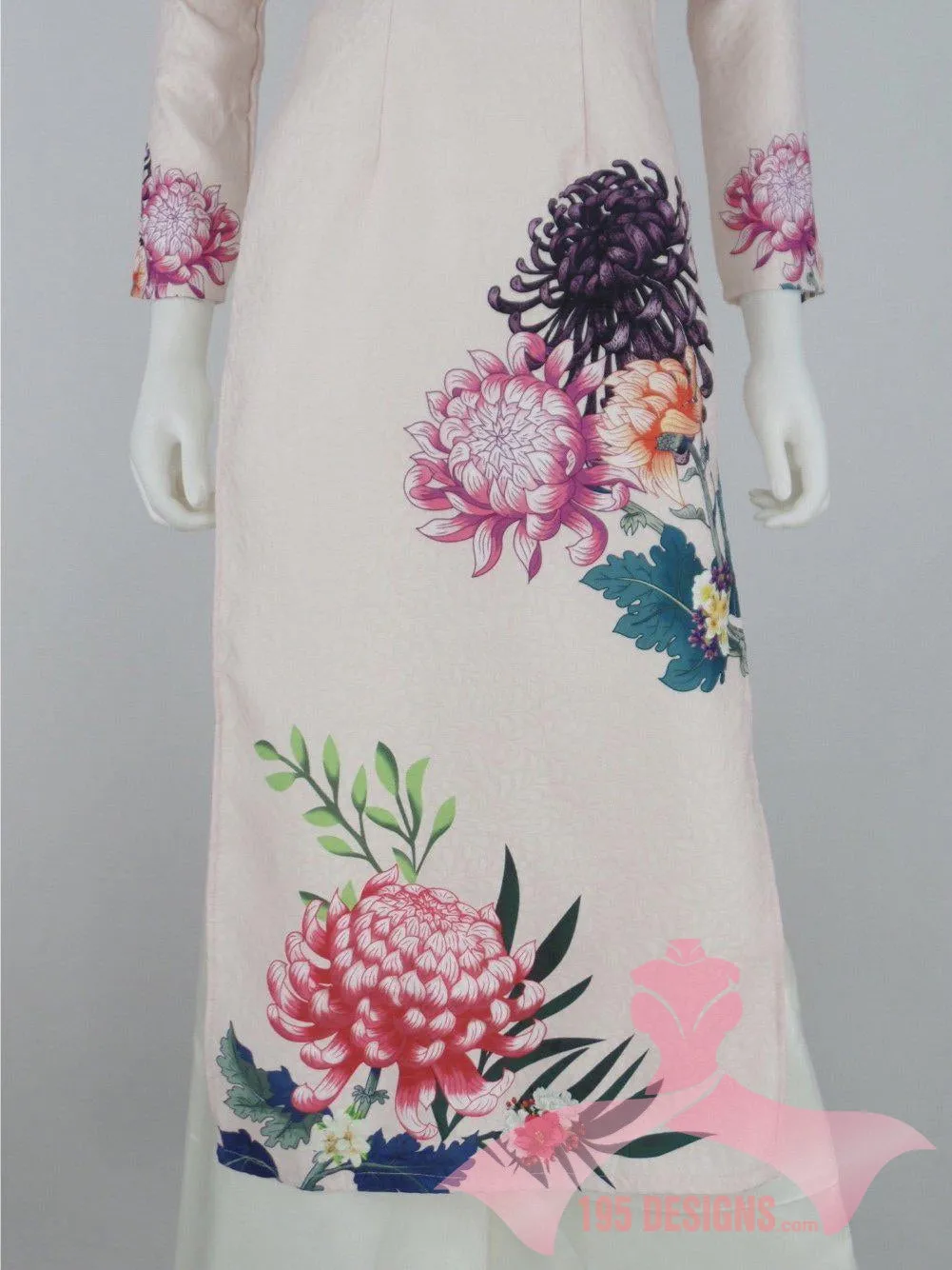 Áo Dài 3d dân gian màu da hoa Xuân | Ivory Flower Modern Vietnamese Ao Dai