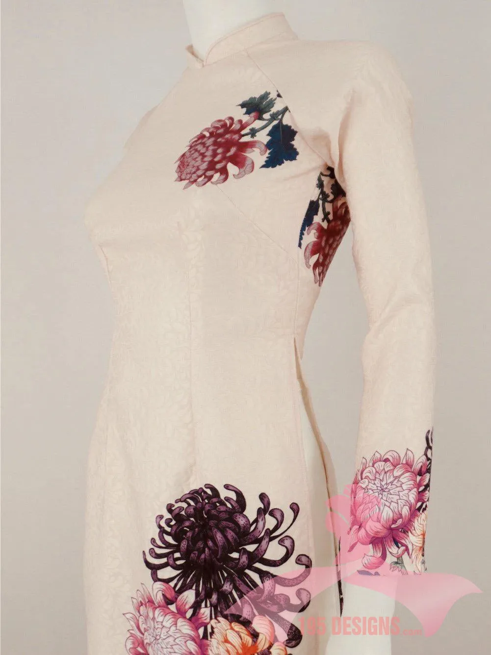 Áo Dài 3d dân gian màu da hoa Xuân | Ivory Flower Modern Vietnamese Ao Dai