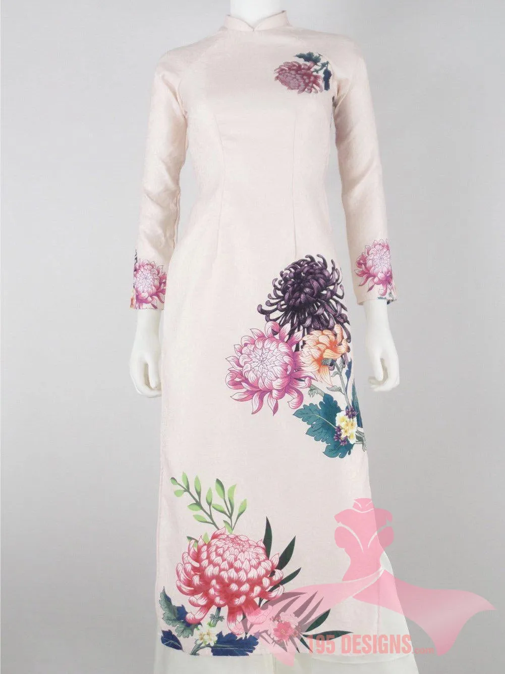 Áo Dài 3d dân gian màu da hoa Xuân | Ivory Flower Modern Vietnamese Ao Dai