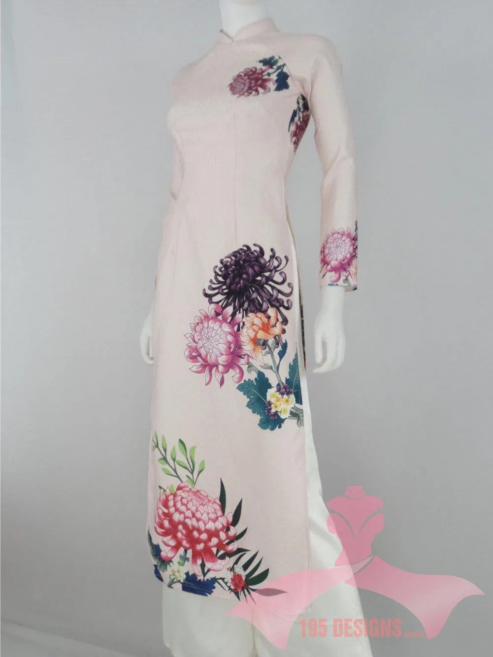 Áo Dài 3d dân gian màu da hoa Xuân | Ivory Flower Modern Vietnamese Ao Dai