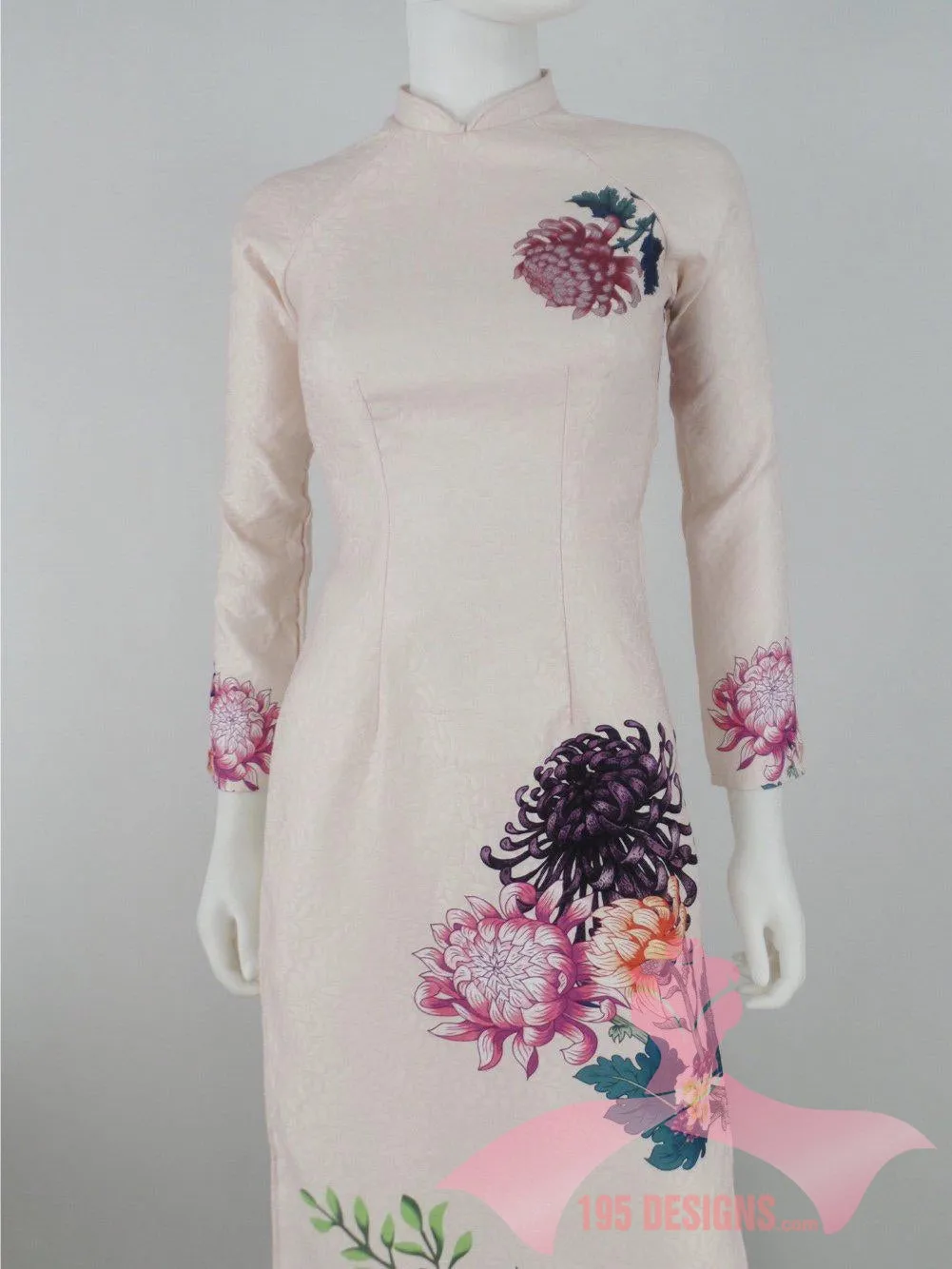 Áo Dài 3d dân gian màu da hoa Xuân | Ivory Flower Modern Vietnamese Ao Dai