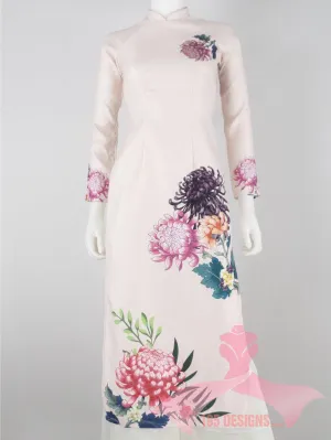Áo Dài 3d dân gian màu da hoa Xuân | Ivory Flower Modern Vietnamese Ao Dai