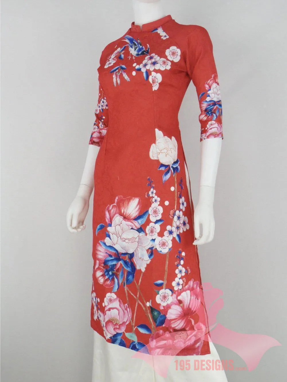 Áo Dài dân gian 3d đỏ xuân | Red Flower Modern Vietnamese Ao Dai