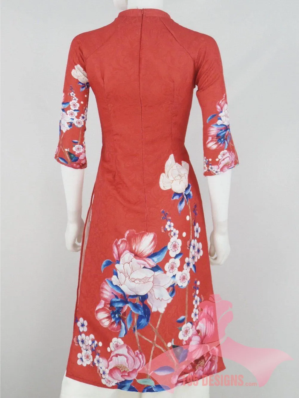Áo Dài dân gian 3d đỏ xuân | Red Flower Modern Vietnamese Ao Dai