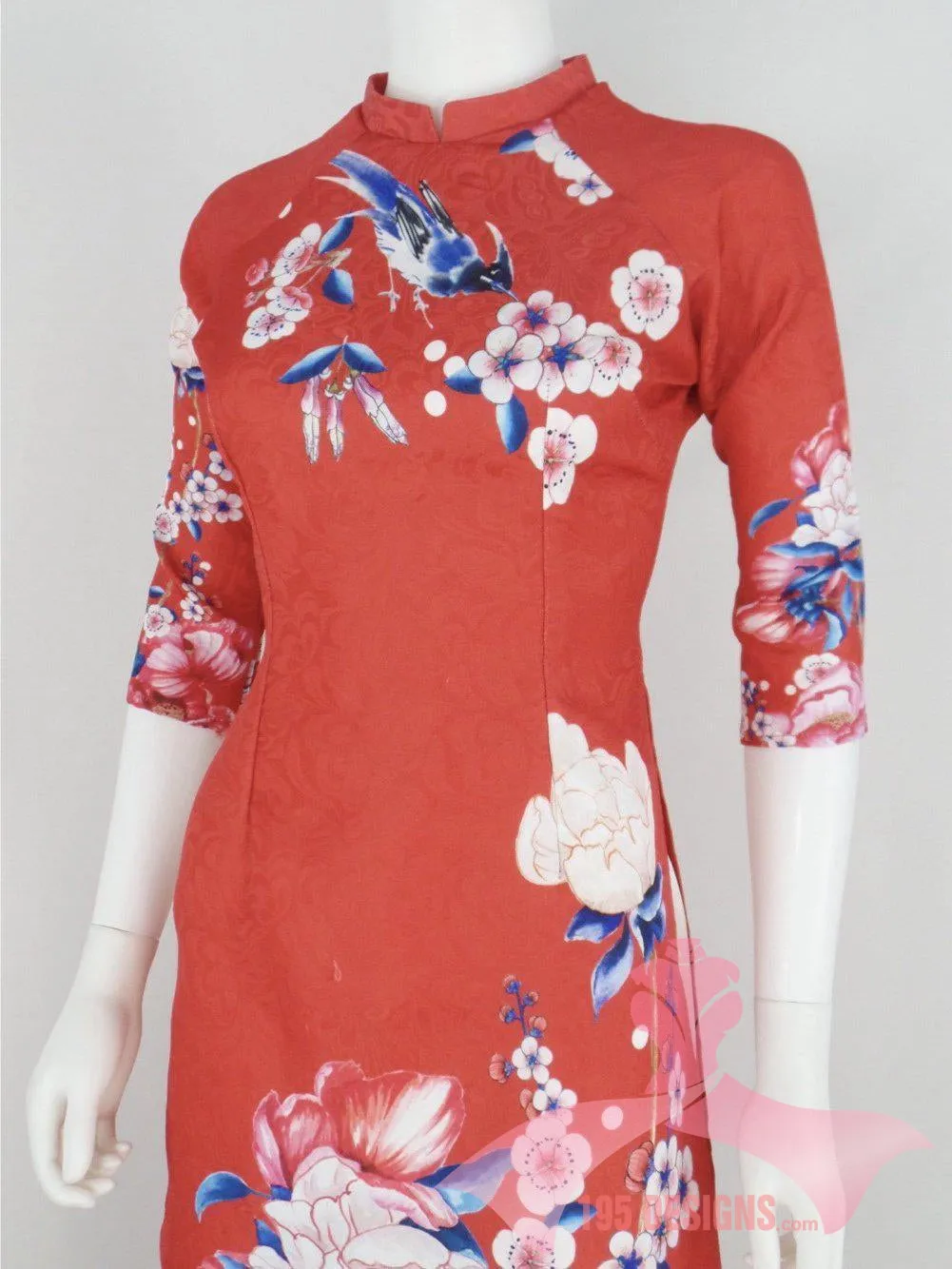 Áo Dài dân gian 3d đỏ xuân | Red Flower Modern Vietnamese Ao Dai