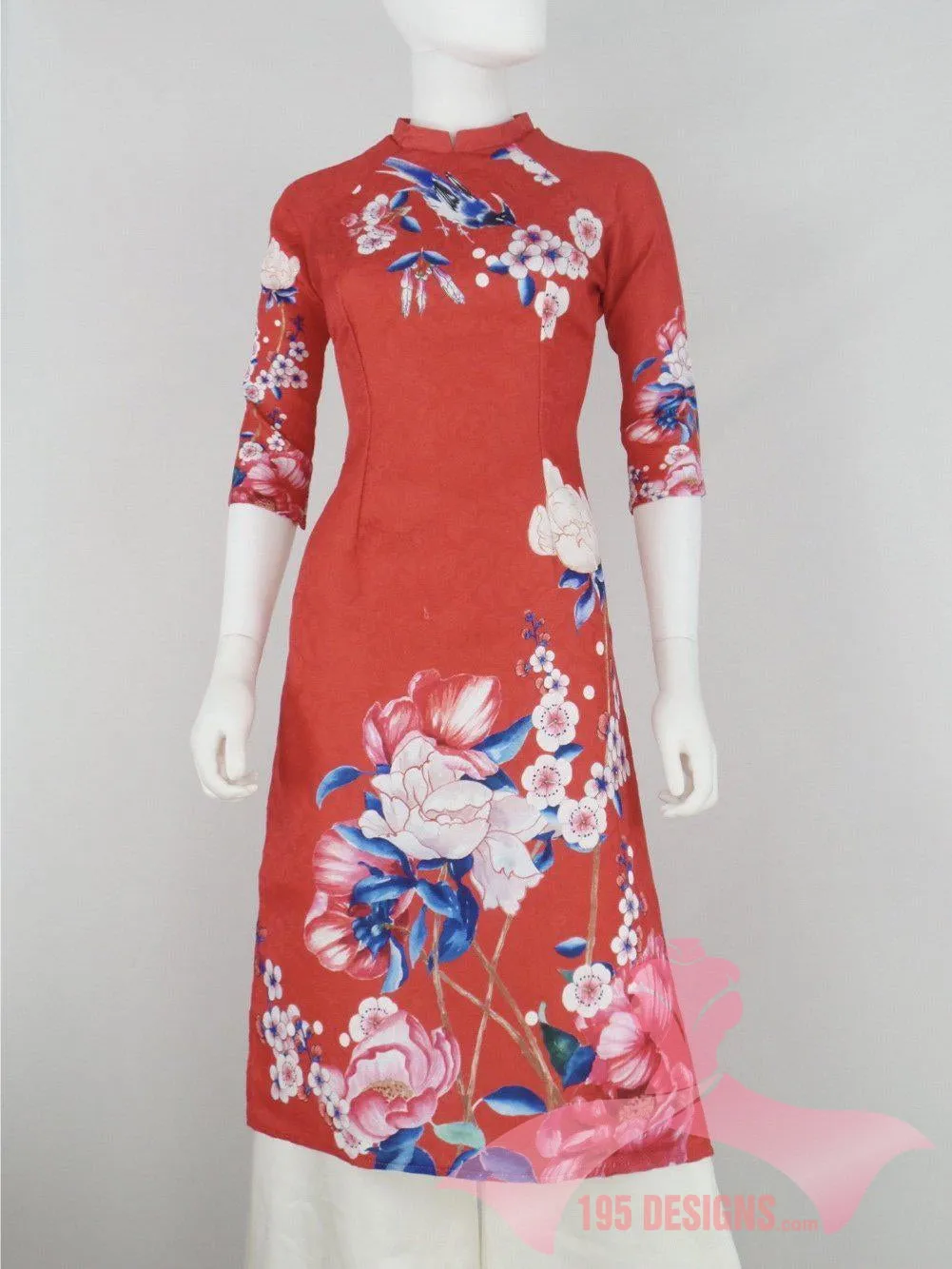 Áo Dài dân gian 3d đỏ xuân | Red Flower Modern Vietnamese Ao Dai