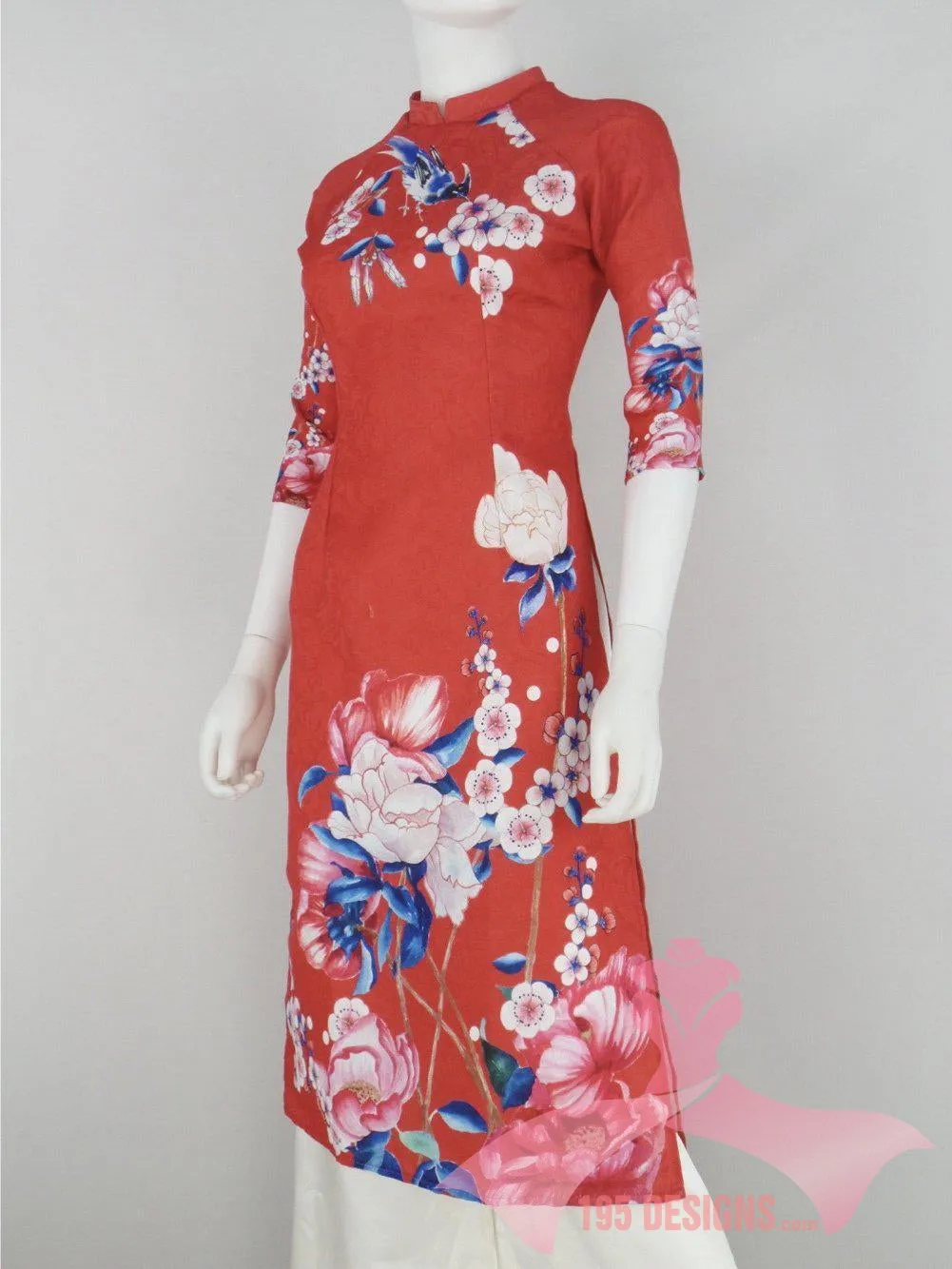 Áo Dài dân gian 3d đỏ xuân | Red Flower Modern Vietnamese Ao Dai