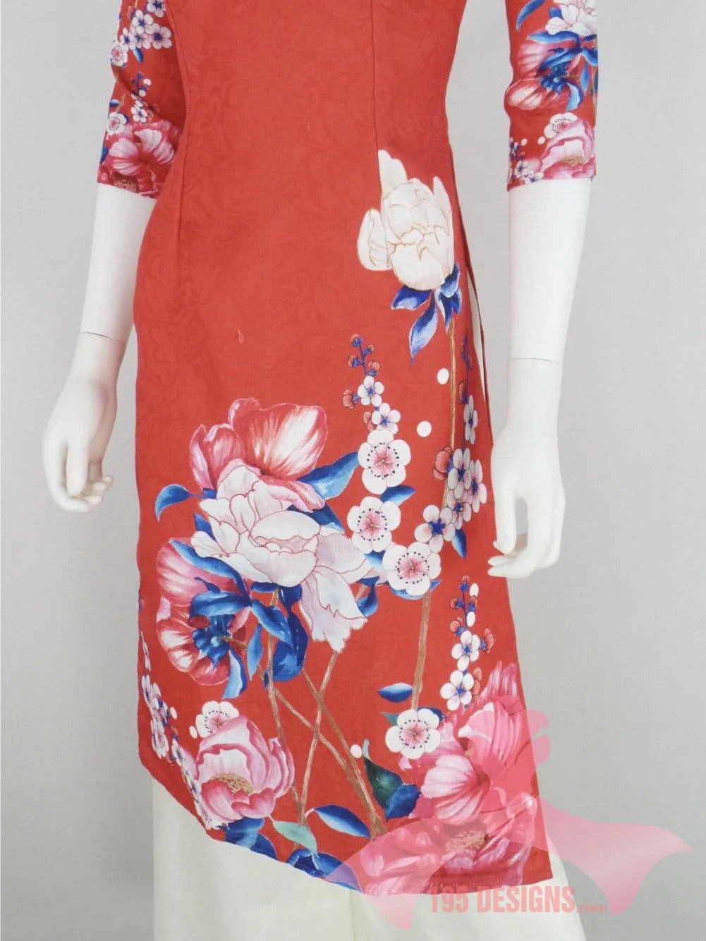 Áo Dài dân gian 3d đỏ xuân | Red Flower Modern Vietnamese Ao Dai