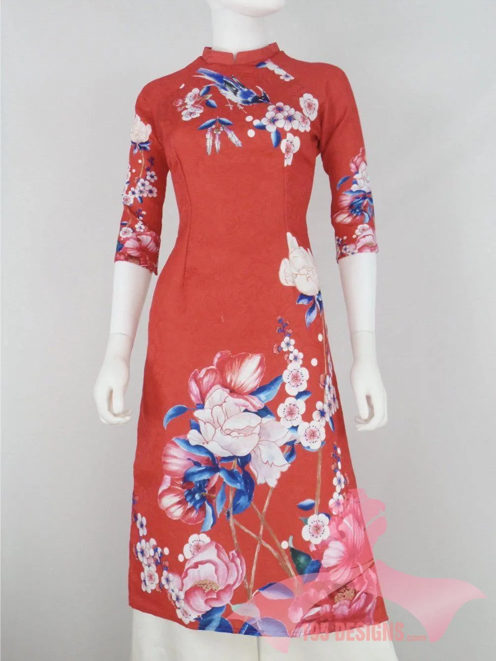 Áo Dài dân gian 3d đỏ xuân | Red Flower Modern Vietnamese Ao Dai