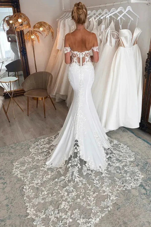 Off The Shoulder Mermaid Bridal Gown With Scalloped Lace Wedding Dress  TN349