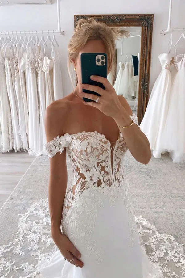 Off The Shoulder Mermaid Bridal Gown With Scalloped Lace Wedding Dress  TN349