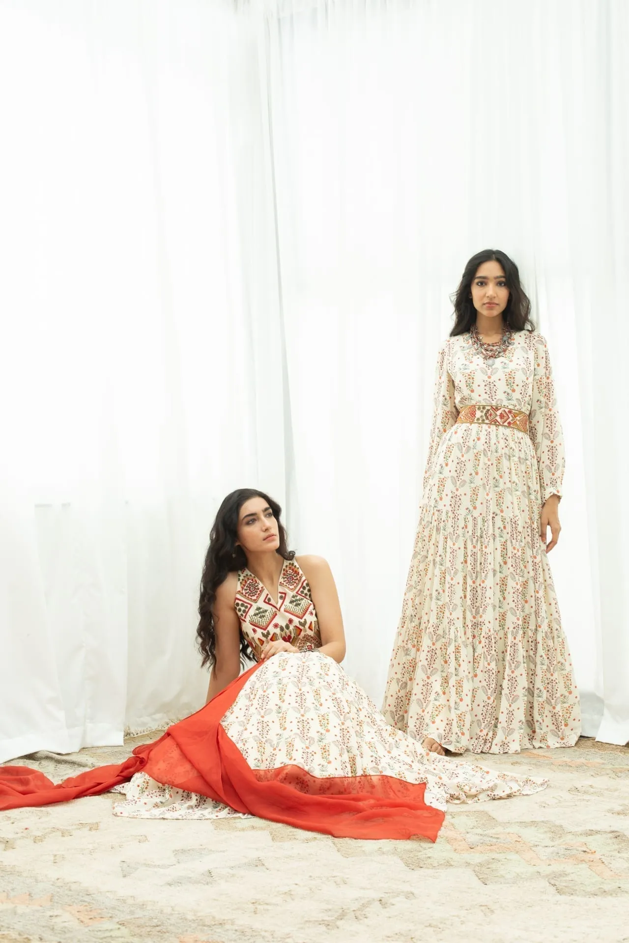 Off White Printed Maxi & Hand Embroidered Belt - Ready To Ship